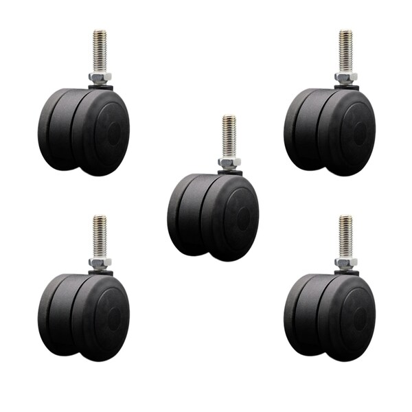 3'' Black Heavy Duty Floor Safe Twin Wheel Caster 1/2'' Threaded Stem, 5PK
